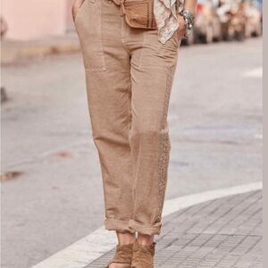 Sundance Organa Beige Linen Pants with Lace Detail, size 14, NWT